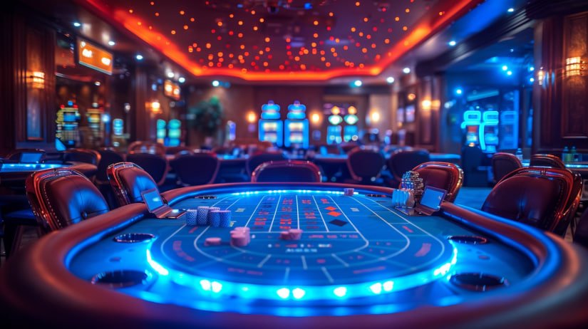 Diagram permainan Casino Hold'em menunjukkan tahap flop, turn, river, dan perbandingan tangan